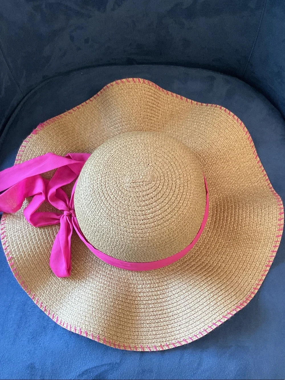 Nine West Straw Floppy Hat with Hot Pink Band